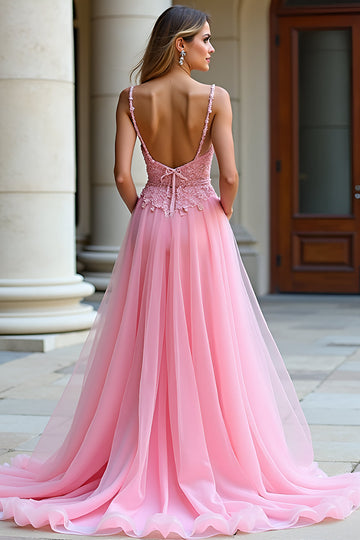 Une ligne spaghetti bretelles dentelle rose robe longue de bal